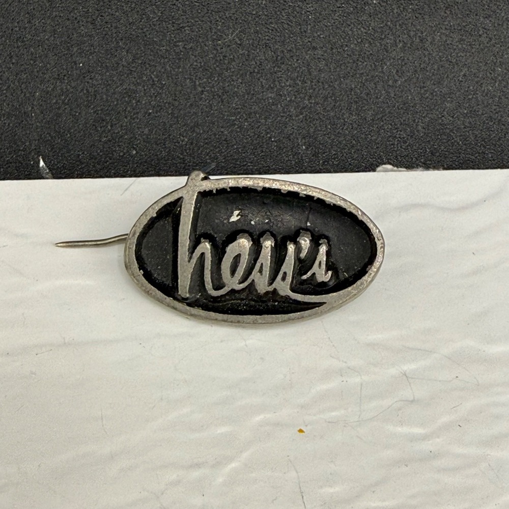 Vintage Hess's Brooch Pin Silver Black Enamel Pewter Logo Oval